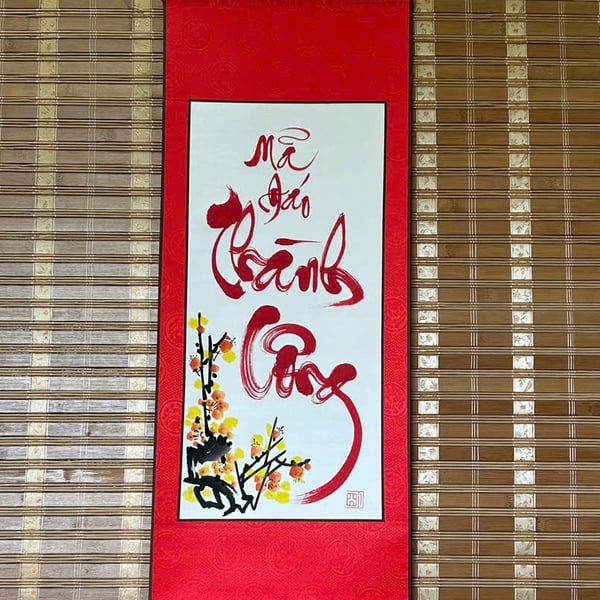 Liễn thư pháp 30x80 cm chữ PHÚC SINH PHÚ QUÝ nền giấy đỏ