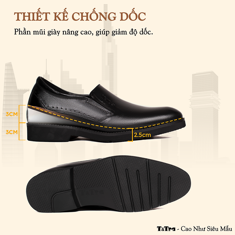 GIÀY TĂNG CHIỀU CAO NAM S1085 ĐEN TRƠN SIÊU NHẸ CAO 6CM