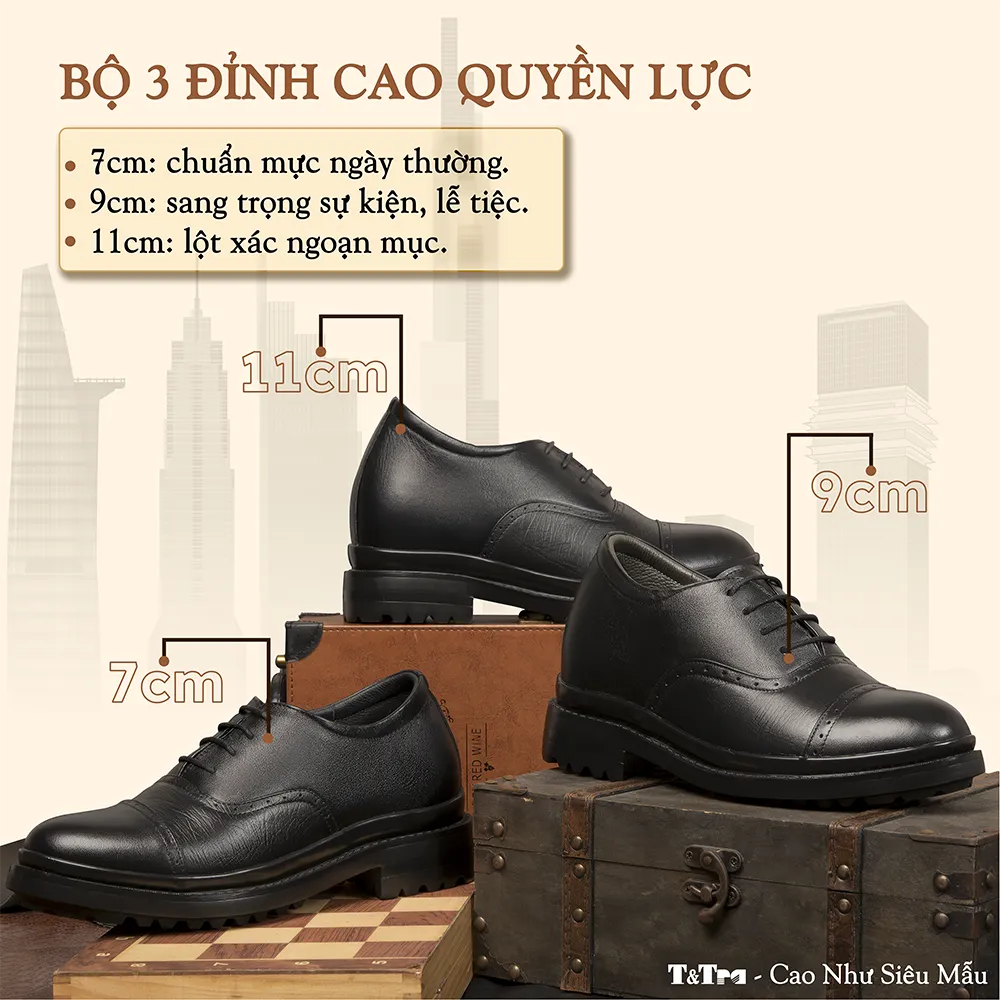GIÀY CAO NAM  SIÊU NHẸ T122 ĐEN CAO 7CM