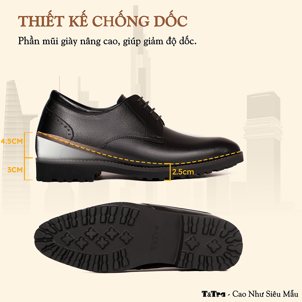 GIÀY TĂNG CHIỀU CAO NAM S1085 ĐEN TRƠN SIÊU NHẸ CAO 7.5CM