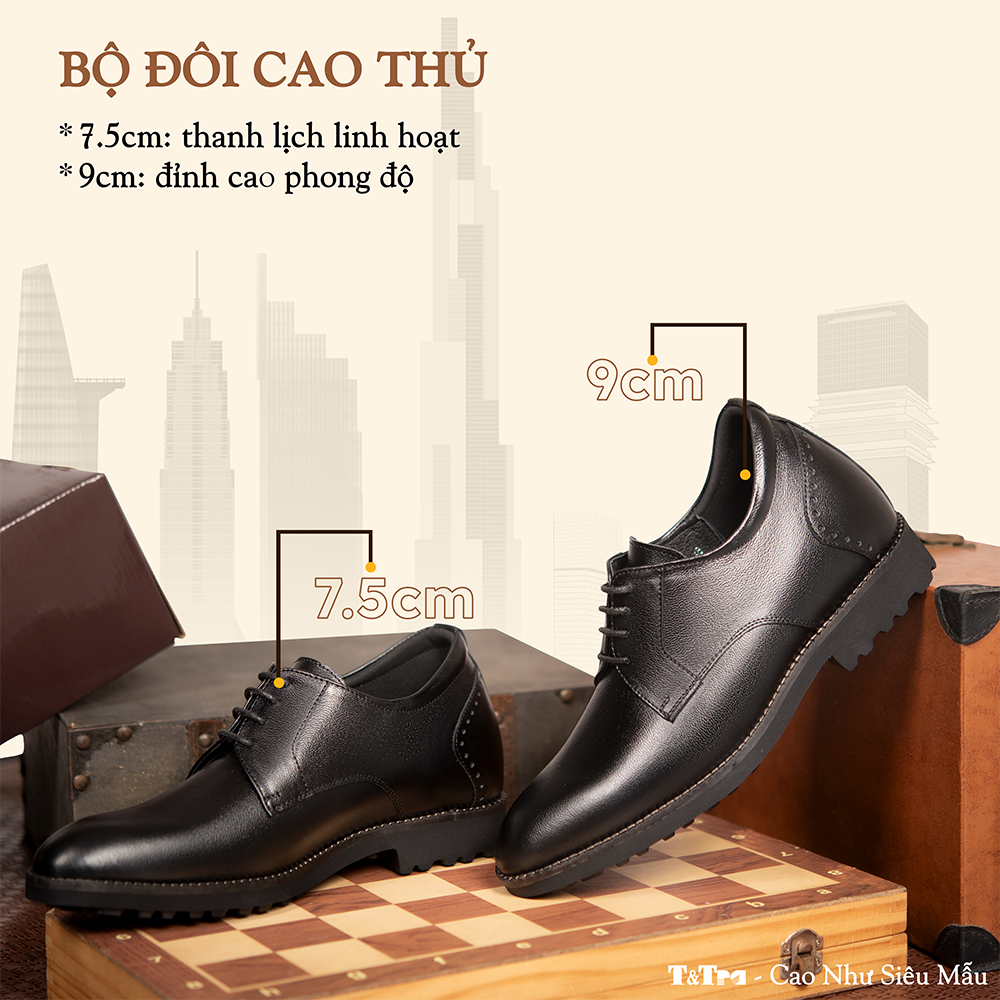 GIÀY TĂNG CHIỀU CAO NAM S1085 ĐEN TRƠN SIÊU NHẸ CAO 7.5CM
