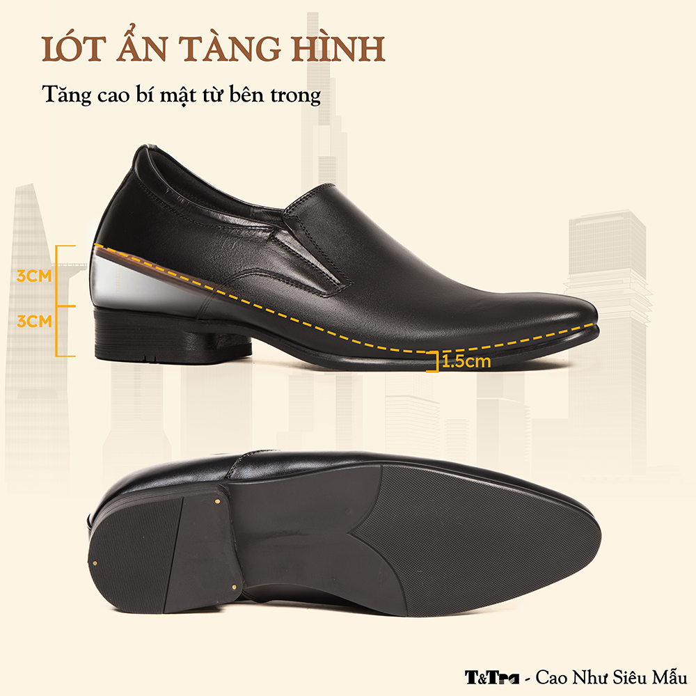 GIÀY TĂNG CHIỀU CAO NAM DA THẬT S952 ĐEN CAO 6CM