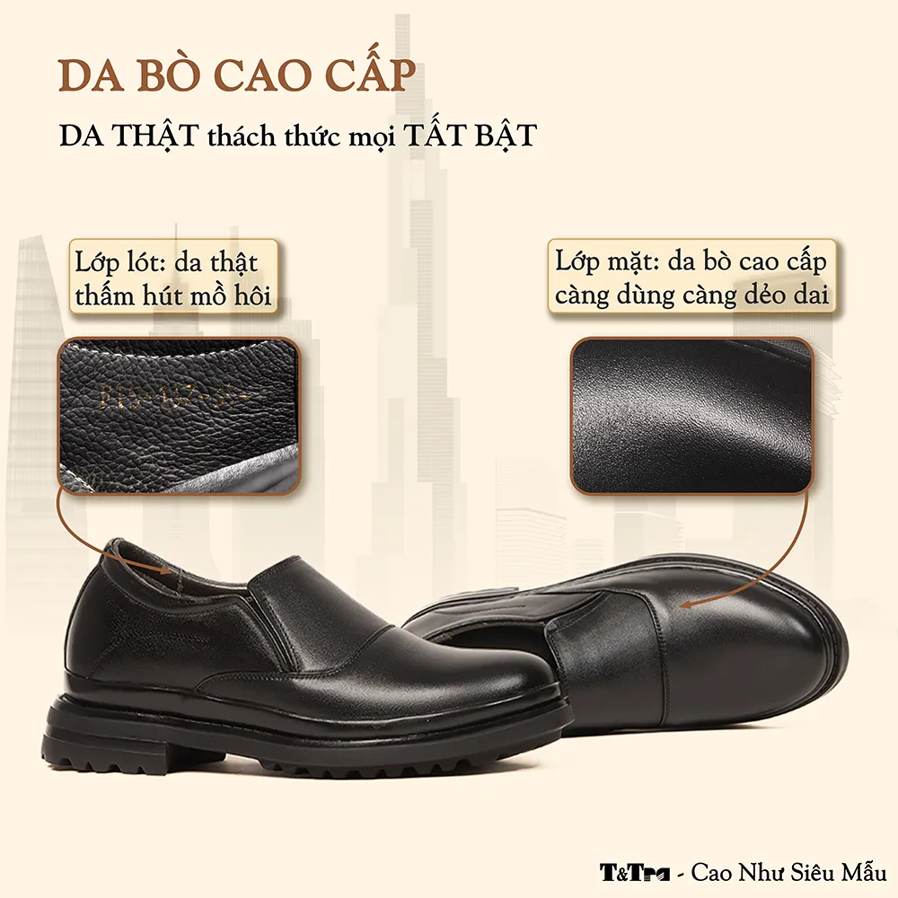 GIÀY ĐẾ CAO NAM  SIÊU NHẸ T143 ĐEN CAO 7CM