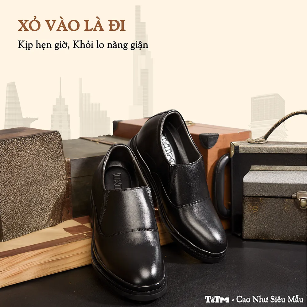 GIÀY ĐẾ CAO NAM  SIÊU NHẸ T143 ĐEN CAO 9CM