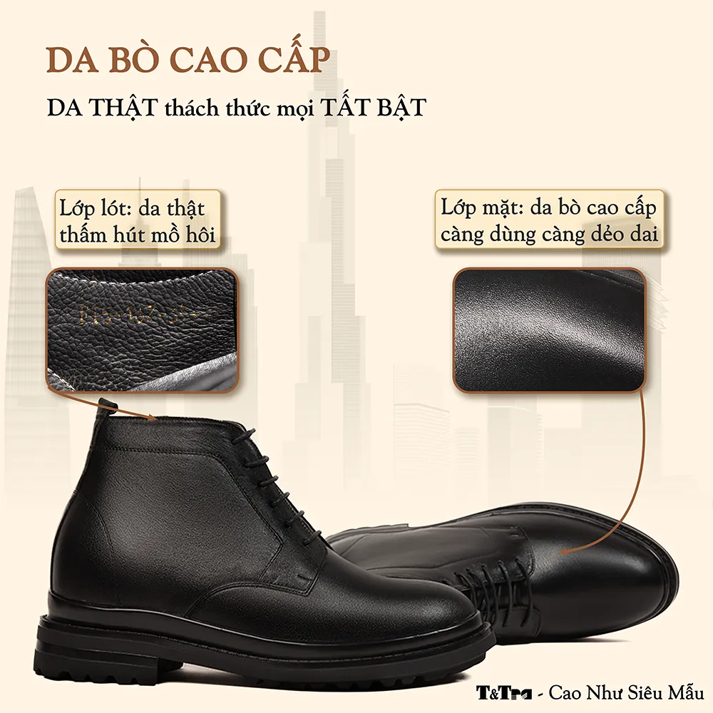 GIÀY BOOTS NAM SIÊU NHẸ T102 ĐEN CAO 11CM