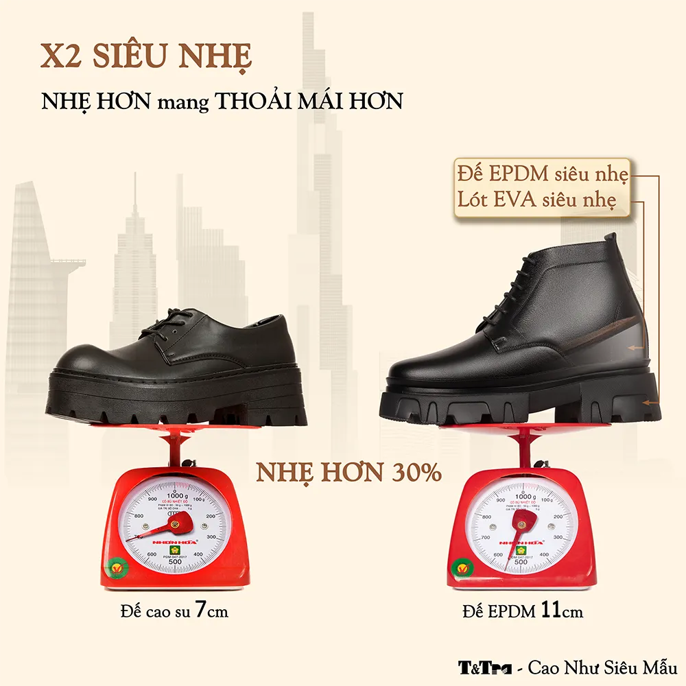 GIÀY TĂNG CHIỀU CAO NAM  SIÊU NHẸ T112 ĐEN CAO 11CM