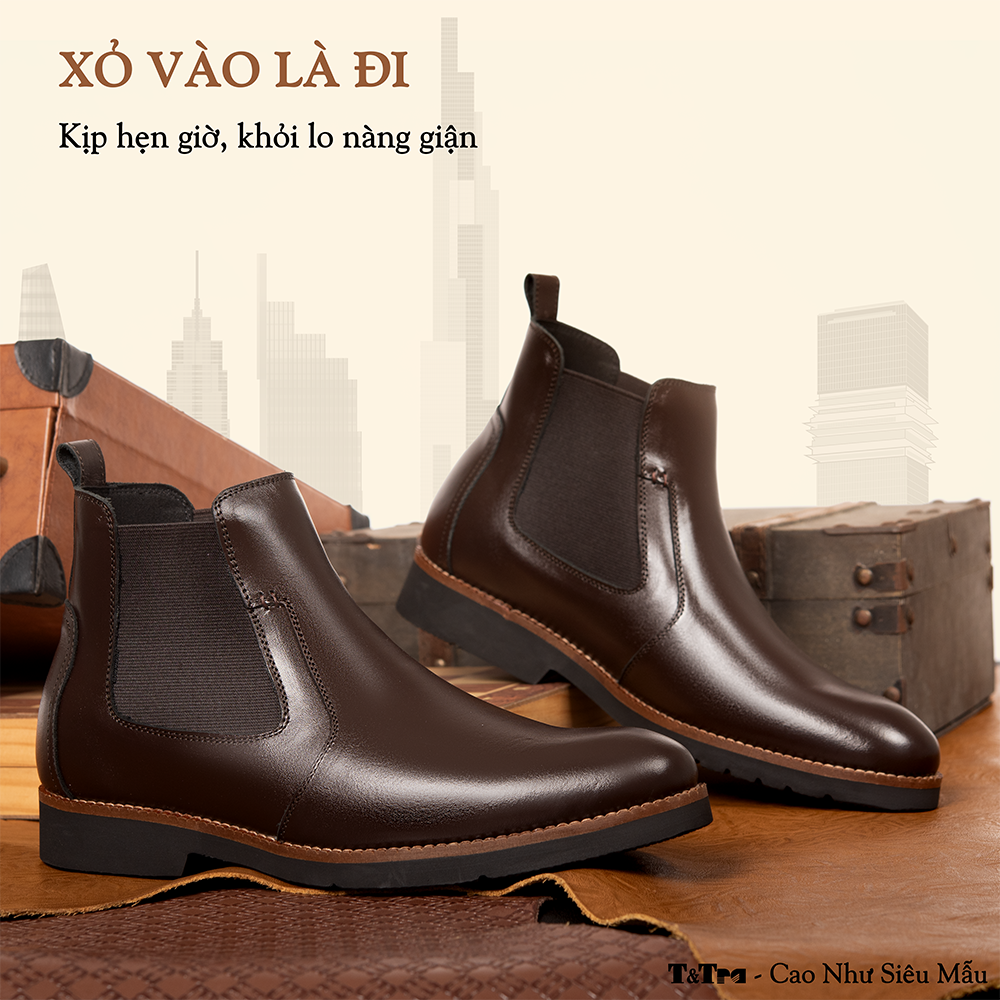 GIÀY CHELSSEA BOOTS NAM S1077 NÂU TỐI 7CM