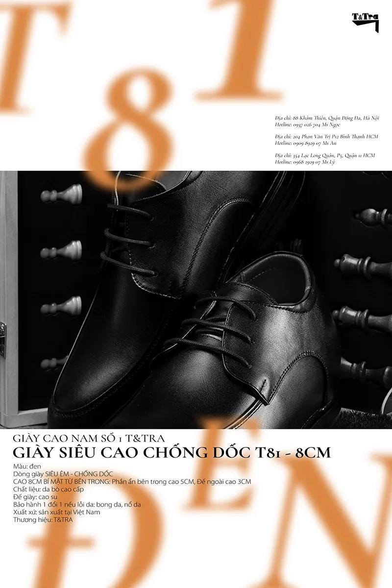 GIÀY CAO NAM 8CM SIÊU ÊM- CHỐNG DỐC T81 ĐEN