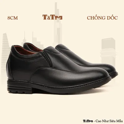 [8CM] Giày Nam Đế Cao T77 Đen - Ít Dốc Mang Thoải Mái Hơn