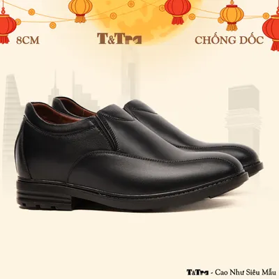 [8CM] Giày Nam Đế Cao T77 Đen - Ít Dốc Mang Thoải Mái Hơn