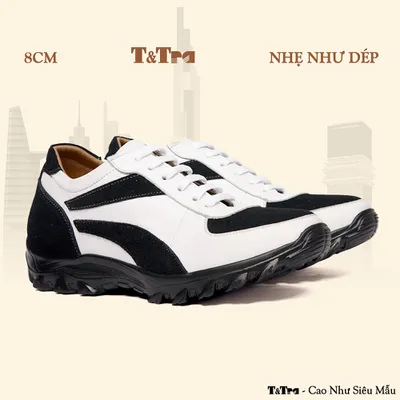 [8CM] Giày Cao Nam T228 Trắng Đen - Nhẹ Hơn và Ít Dốc Hơn 