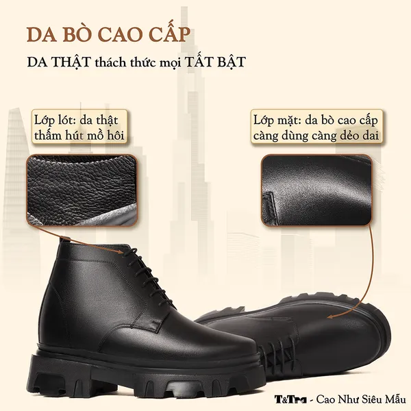 GIÀY TĂNG CHIỀU CAO NAM  SIÊU NHẸ T112 ĐEN CAO 13CM
