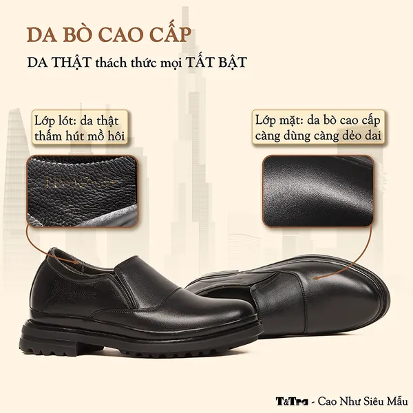 GIÀY ĐẾ CAO NAM  SIÊU NHẸ T143 ĐEN CAO 7CM