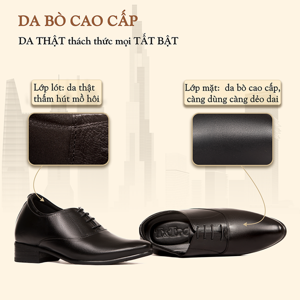 GIÀY CAO NAM DA THẬT S1062 ĐEN TRƠN CAO 8CM