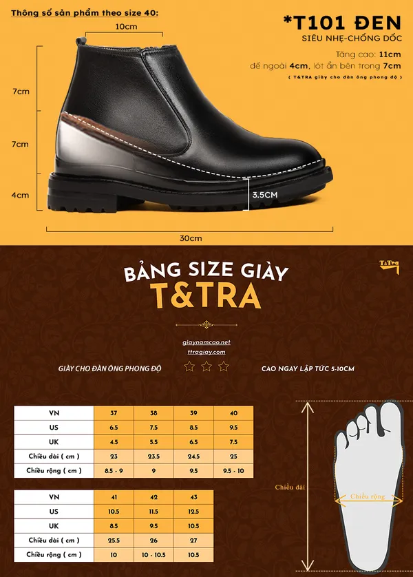 GIÀY BOOTS NAM SIÊU NHẸ T101Đ CAO 11CM