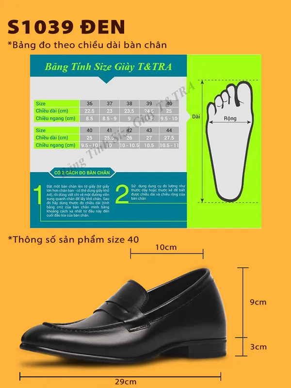 GIÀY TĂNG CHIỀU CAO NAM S1039 ĐEN CAO 6CM