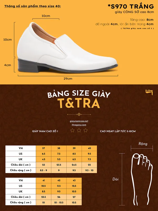 GIÀY TĂNG CHIỀU CAO NAM DA THẬT S970 TRẮNG CAO 8CM