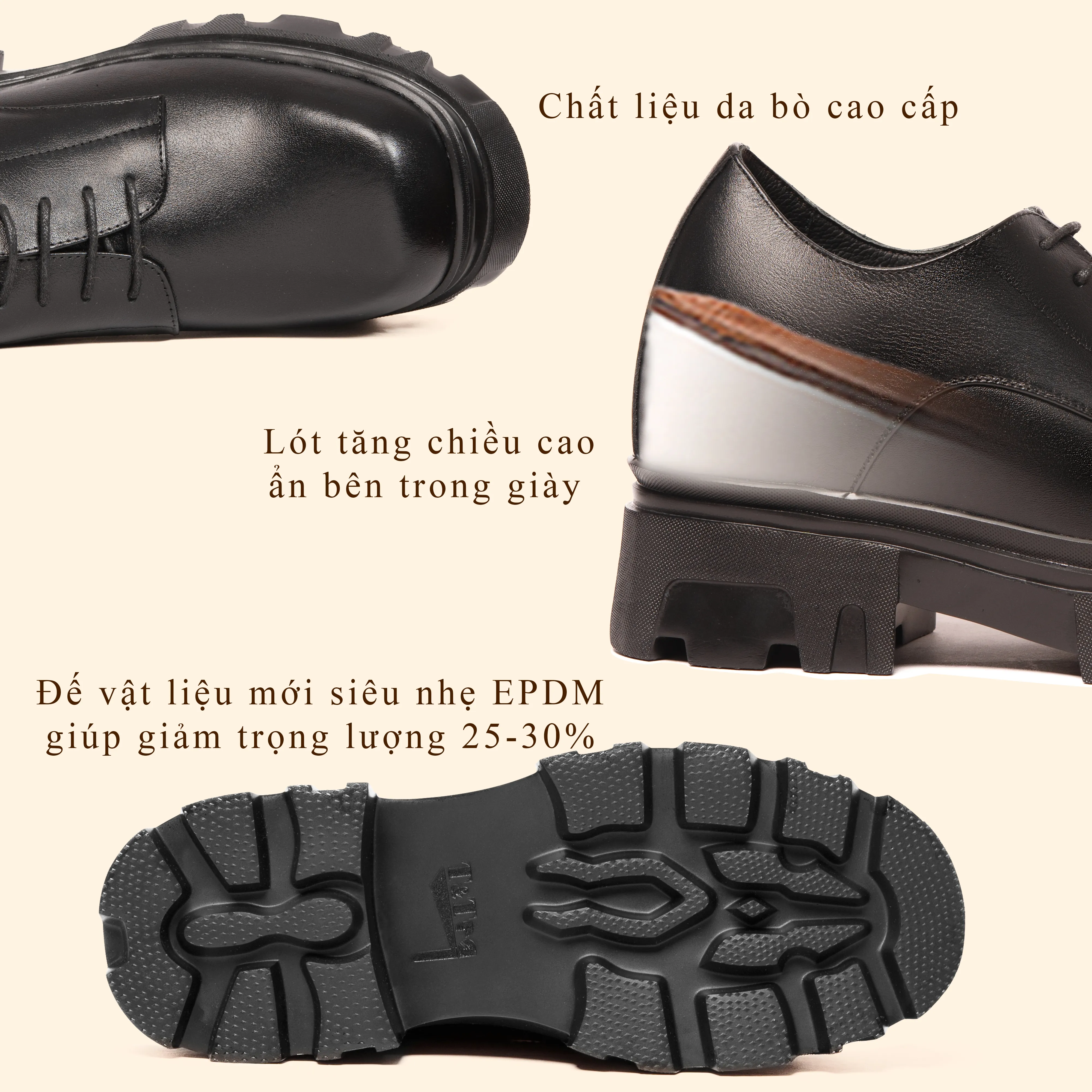 GIÀY ĐẾ CAO NAM  SIÊU NHẸ T168 ĐEN CAO 13CM