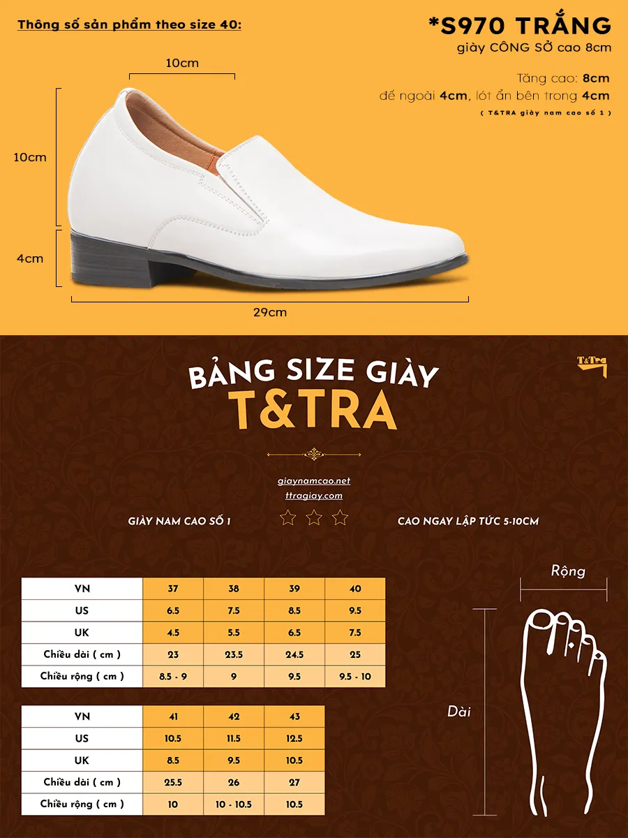 GIÀY TĂNG CHIỀU CAO NAM DA THẬT S970 TRẮNG CAO 8CM