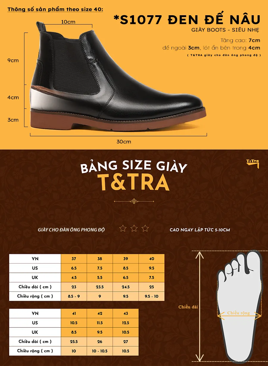 GIÀY CHELSSEA BOOTS NAM SIÊU NHẸ S1077 ĐEN ĐẾ NÂU 7CM