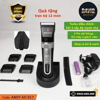 Tông đơ cắt tóc Andy AD-917 pin siêu lâu, có 3 cấp độ turbo