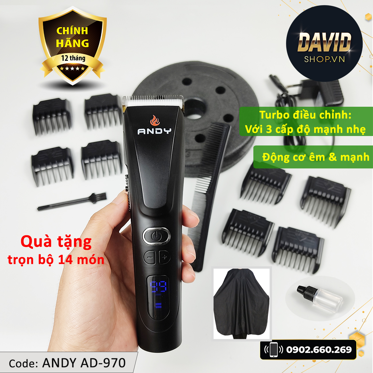 Tông đơ cắt tóc Andy AD-970 với 3 cấp độ điều chỉnh, động cơ siêu mạnh