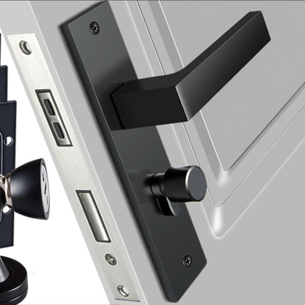 Ổ khóa cửa phòng ngủ tay gạt Ổ khóa cửa phòng ngủ tay gạt, màu đen, bên ngoài có chìa khóa, bên trong nút vặn không chìa