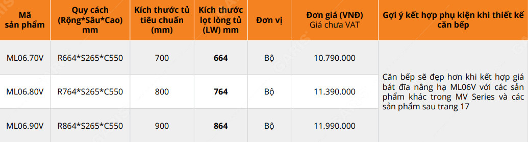 Bảng giá giá nâng hạ ML06.70 Bảng giá giá nâng hạ ML06.70