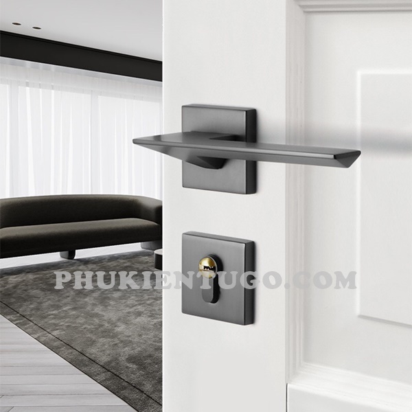 Khóa tay gạt vuông xám đen cửa gỗ nhà vệ sinh, phòng ngủ, phòng khách Khóa tay gạt vuông xám đen cửa gỗ nhà vệ sinh, phòng ngủ, phòng khách