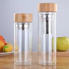 Bình giữ nhiệt mini thủy tinh nắp gỗ trúc có lõi lọc trà inox 304