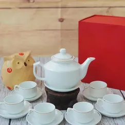 Bộ ấm trà dáng Hongkong in logo viền chỉ vàng