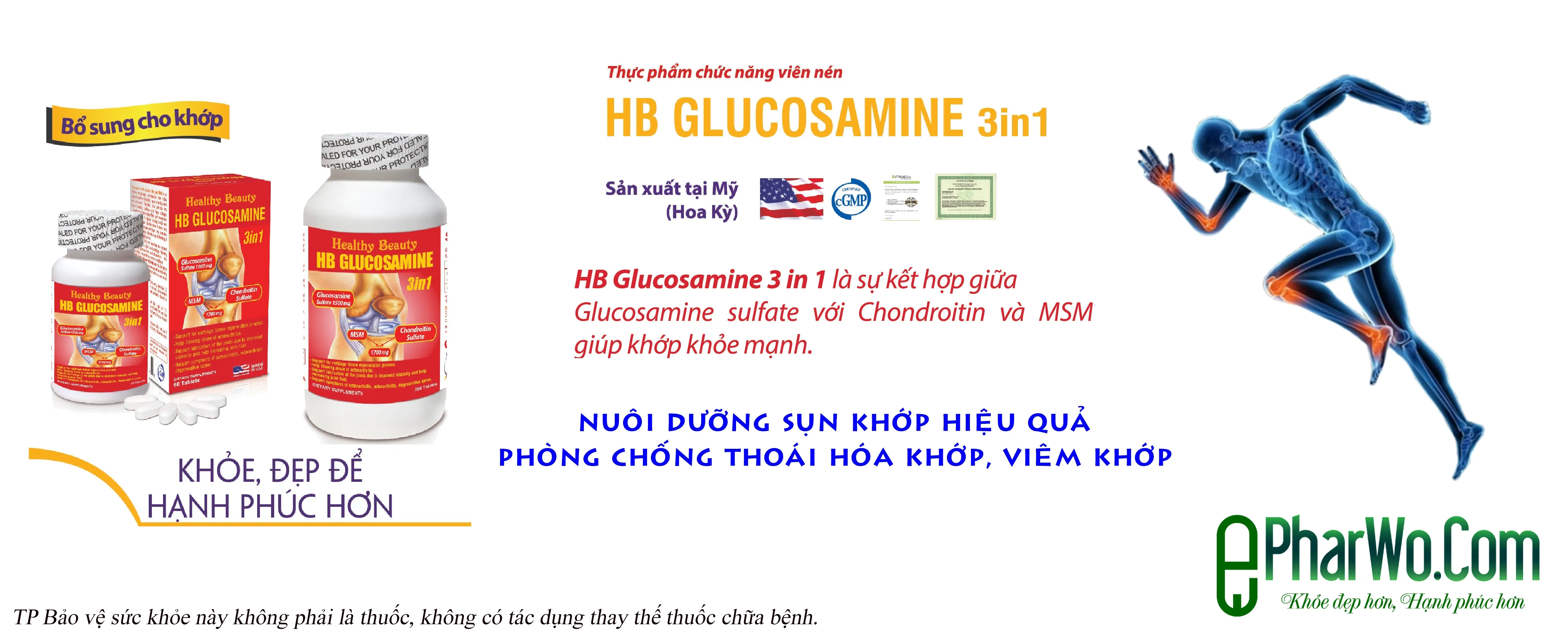 GLUCOSAMINE 3IN1 (chai 60 viên) Nuôi dưỡng, tái tạo sụn khớp, phòng chống thoái hóa khớp, viêm khớp