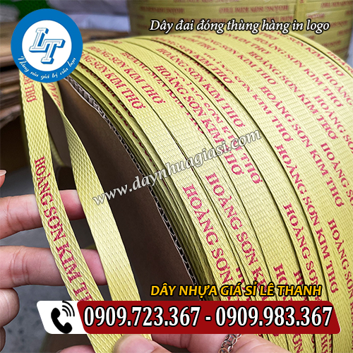 dây đai nhựa pp màu vàng in chữ đỏ nổi bật dây đai nhựa pp màu vàng in chữ đỏ nổi bật
