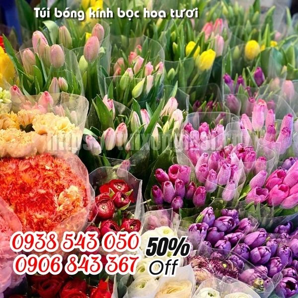 Túi bóng kính bọc hoa tươi cho nhà vườn, sạp hoa, chợ hoa