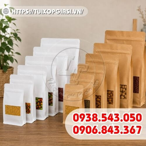 Túi zip giấy kraft cửa sổ tràn 8 cạnh