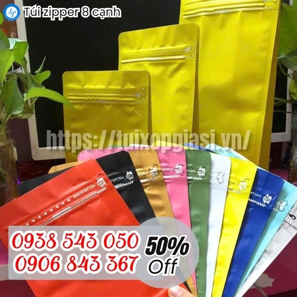 Túi zipper 8 cạnh màu đủ kích cỡ, màu sắc