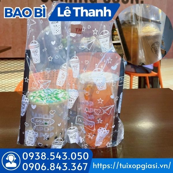 Túi đựng trà sữa 2 ly in hình chắc chắn