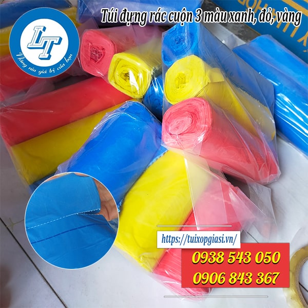 Túi rác cuộn 3 màu có đường răng cưa giữa các túi