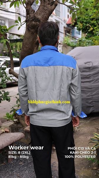Áo bảo hộ màu xám phối xanh bích vải Kaki chéo 2-1 poly cao cấp