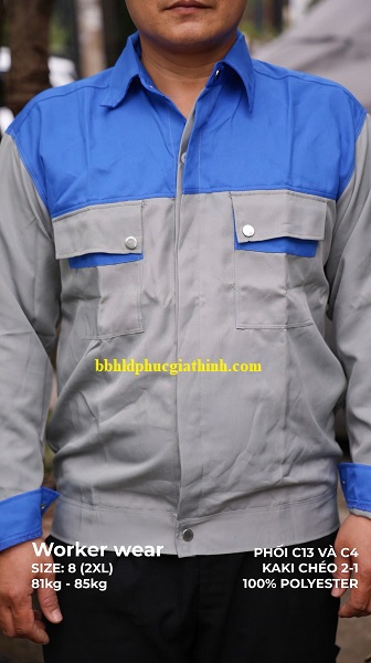 Áo bảo hộ màu xám phối xanh bích vải Kaki chéo 2-1 poly cao cấp