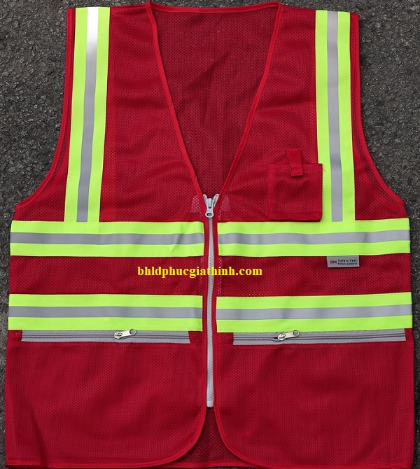 Áo lưới màu đỏ phản quang xanh sọc khoá kéo 2 túi lưới