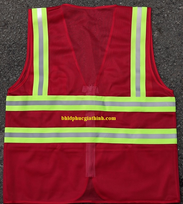 Áo lưới màu đỏ phản quang xanh sọc khoá kéo 2 túi lưới