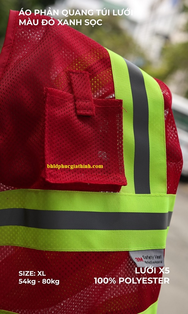 Áo lưới màu đỏ phản quang xanh sọc khoá kéo 2 túi lưới