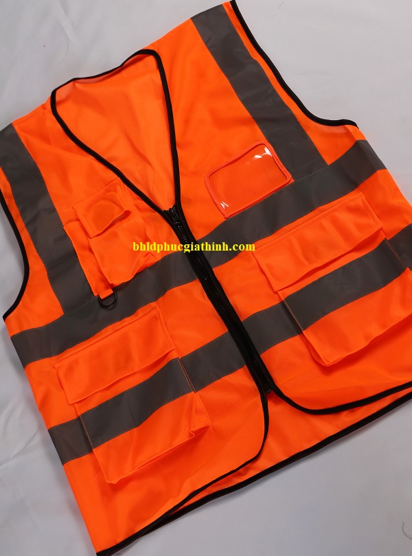 Áo lưới vải Palize 4 túi hộp màu cam phản quang Poly sáng cao 5cm