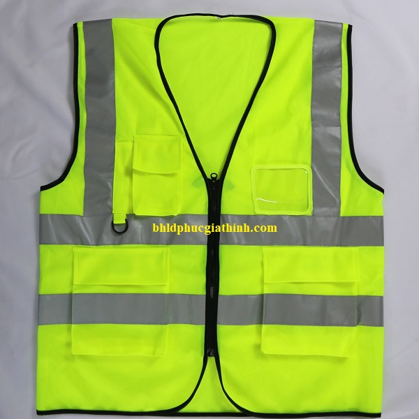 Áo lưới vải Palize 4 túi hộp màu xanh chuối phản quang Poly sáng cao 5cm