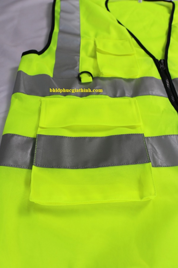 Áo lưới vải Palize 4 túi hộp màu xanh chuối phản quang Poly sáng cao 5cm