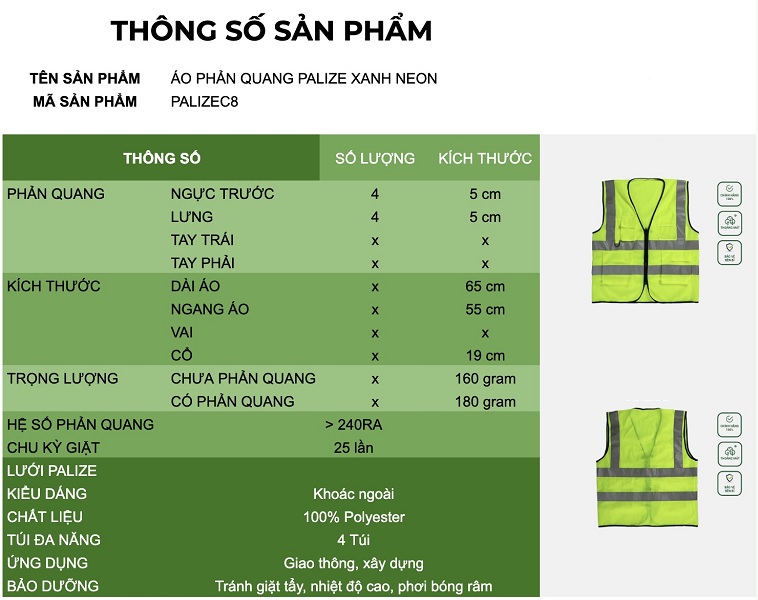 Áo lưới vải Palize 4 túi hộp màu xanh chuối phản quang Poly sáng cao 5cm