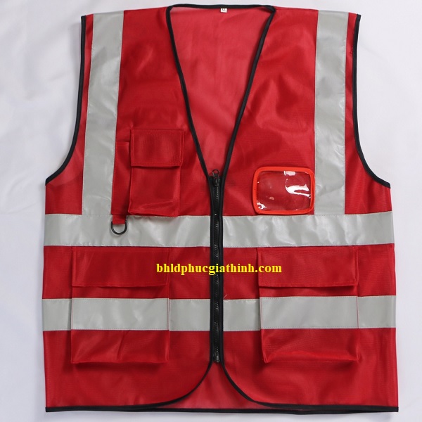 Áo lưới vải Palize 4 túi hộp màu đỏ phản quang Poly sáng cao 5cm