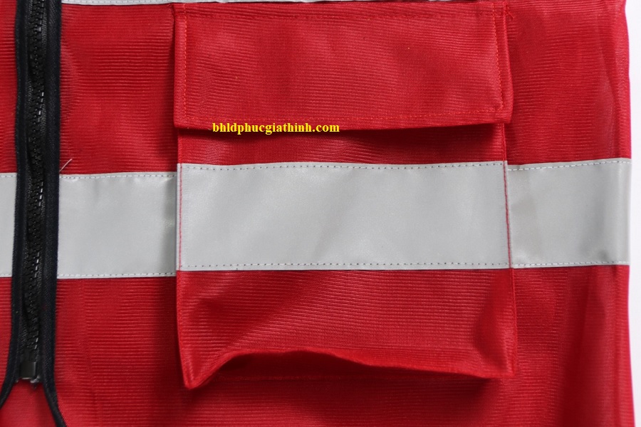 Áo lưới vải Palize 4 túi hộp màu đỏ phản quang Poly sáng cao 5cm