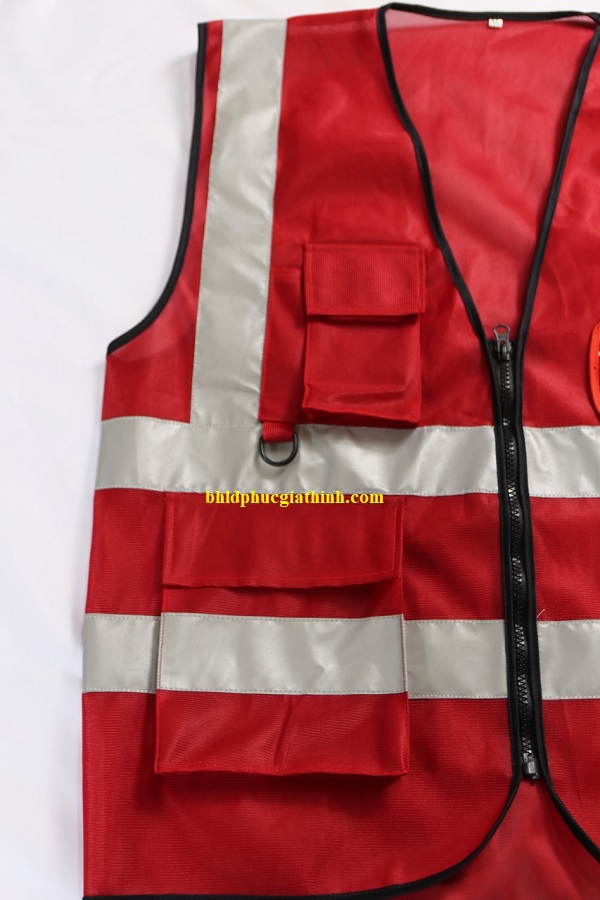 Áo lưới vải Palize 4 túi hộp màu đỏ phản quang Poly sáng cao 5cm